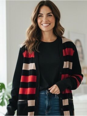 Sonia Rykiel Striped Black, Red, and Cream Cardigan - Size Large
